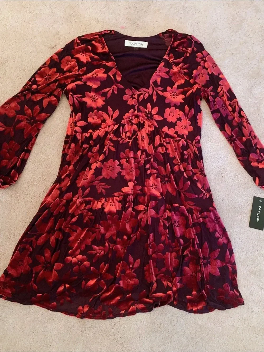 NWT TAYLOR Babydoll Velvet Burnout Dress